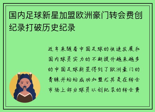 国内足球新星加盟欧洲豪门转会费创纪录打破历史纪录
